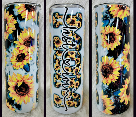 Sunflower Cowprint Mom Tumbler